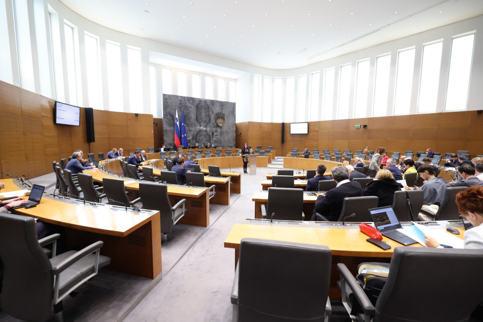 Poslanci sedijo v dvorani, državna sekretarka Katja Božič pa stoji za govorniškim pultom in predstavlja davčni paket