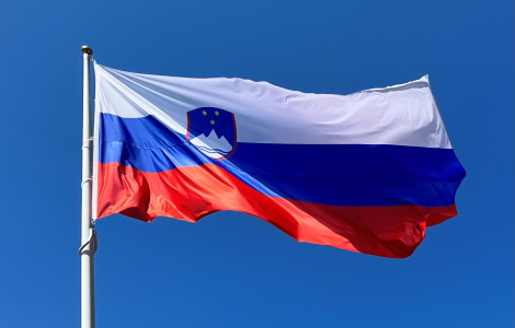 Slovenska zastava, nad zgornjo dolino Kolpe, pri Osilnici (The Slovenian flag flutters in the wind as it flies from a pole)