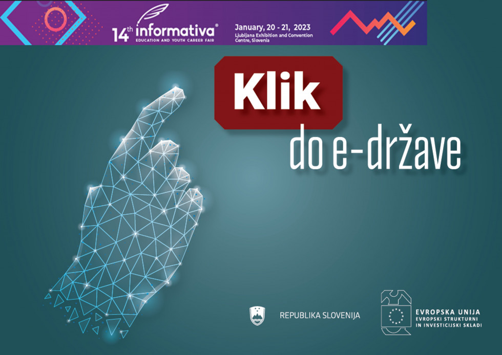 Plakat stojnice Klik do e-države. Roka, ki kaže na klik in napis do e-države - na modri podlagi, da spominja na informatiko