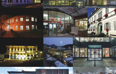 Kolaz knjiznic V Slovenije deluje 58 splosnih knjiznic foto Zdruzenje splosnic knjiznic (Collage of exterior facades of larger public library buildings)