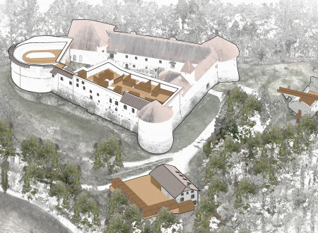 Vizualizacija obnovljenih delov gradu Turjak s pripadajočimi pristavami in parkom, postavljena na osnovo fotografije območja gradu Turjak s ptičje perspektive.