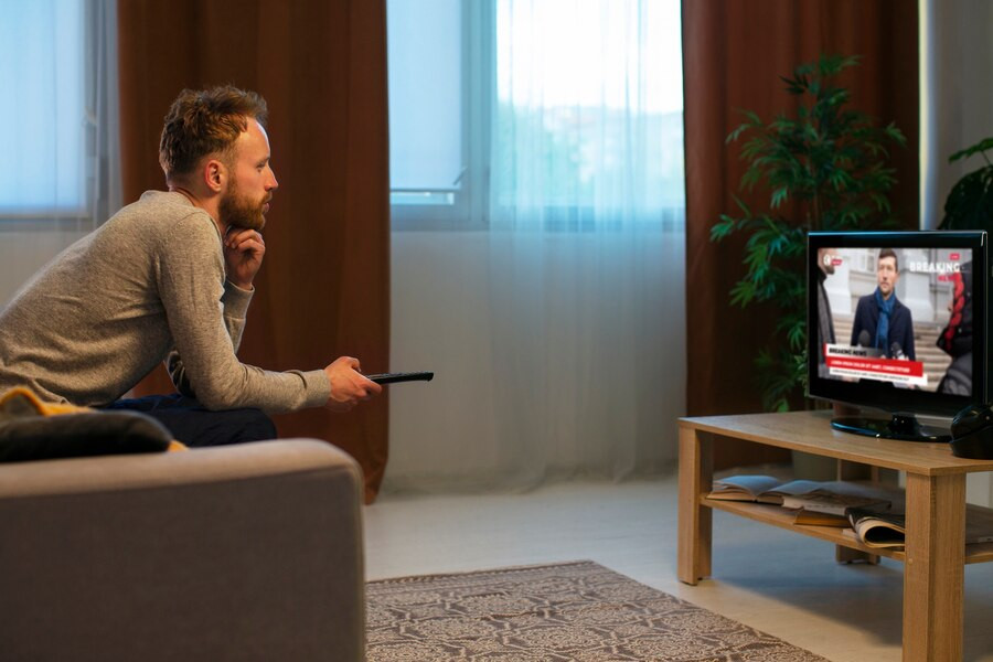 Symbolic photo of a man sitting on a sofa watching TV.