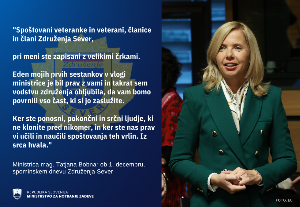 Slika ministrice Tatjane Bobnar in njeno voščilo Združenju Sever