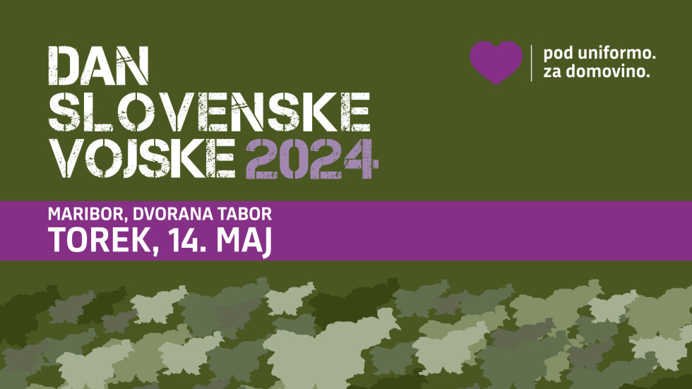 Logotip dneva Slovenske vojske. Zelena podlaga z vijolično pasico in silhueatmi Slovenije