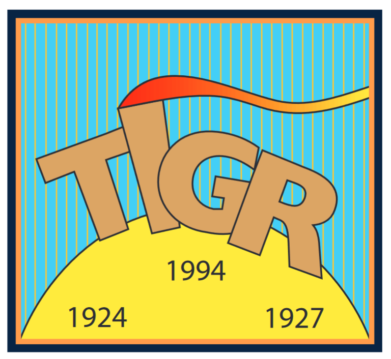 Grafika z izpisano kratico TIGR na stilizirani rumeni vzpetini z vpisanimi letnicami