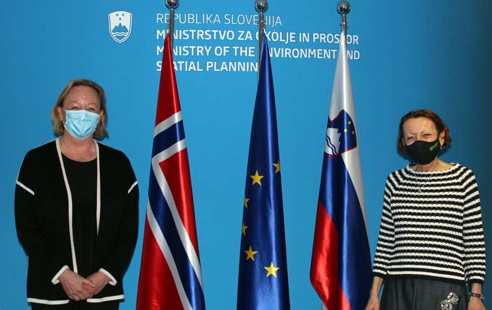 Državna sekretarka in veleposlanica pred zastavami Slovenije, Norveške in EU