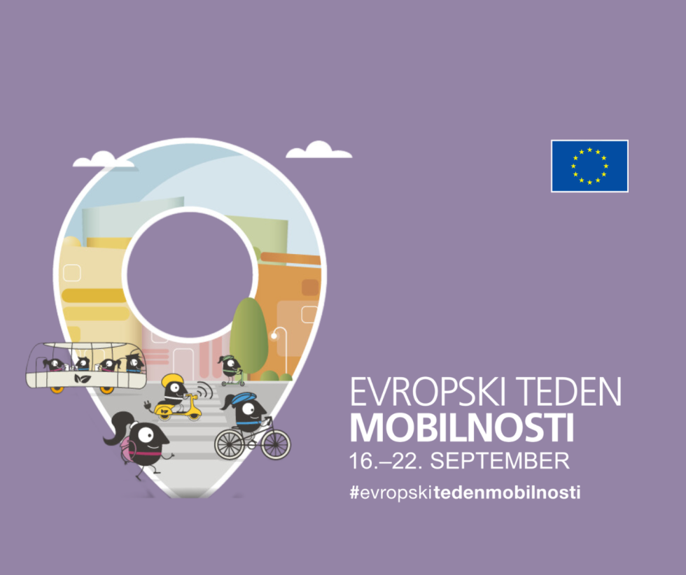 Vijolična infografika z naslovom evropski teden mobilnosti in povečanim simbolom za lokacijo