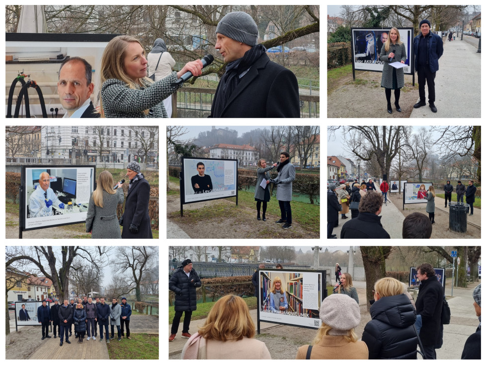 Kolaž fotografij z otvoritve razstave portretov prejemnic in prejemnikov Zoisovih nagrad in priznanj, Puhovih nagrad ter priznanja ambasadorka znanosti.