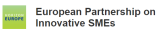 Logotip Horizon Europe z zelenim ozadjem in napisom 'European Partnership on Innovative SMEs' v črnem besedilu na beli podlagi.