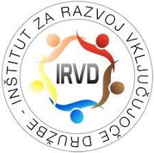 Logotip Inštituta za razvoj vključujoče družbe (IRVD). Krožna oblika z večbarvnimi figurami, ki držijo roke in tvorijo krog okoli besed IRVD v sredini. Figurice so rdeče, oranžne, rjave, modre in zelene barve, vsaka predstavlja raznolikost in povezanost. 