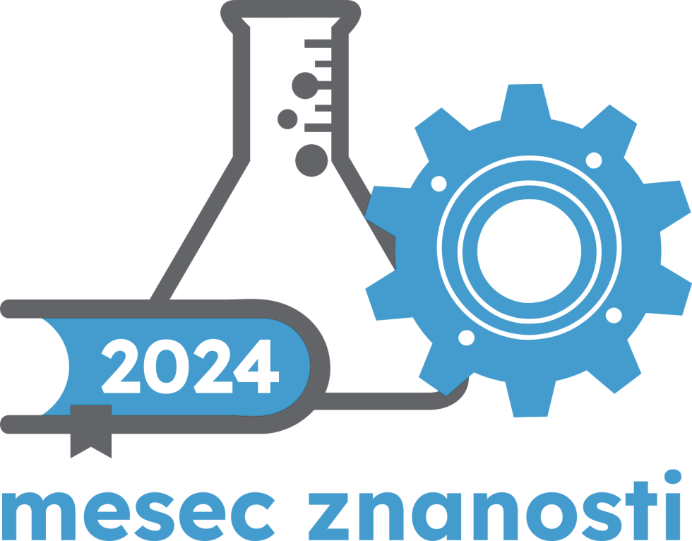 Logotip Meseca znanosti 2024 prikazuje stilizirano figuro človeka v sivi barvi, ki sedi na robu, kar ponazarja razmislek in raziskovanje. Ozadje je modro, kar simbolizira znanost in prihodnost, spodaj pa je v modri izpisano "2024", letnica dogodka.