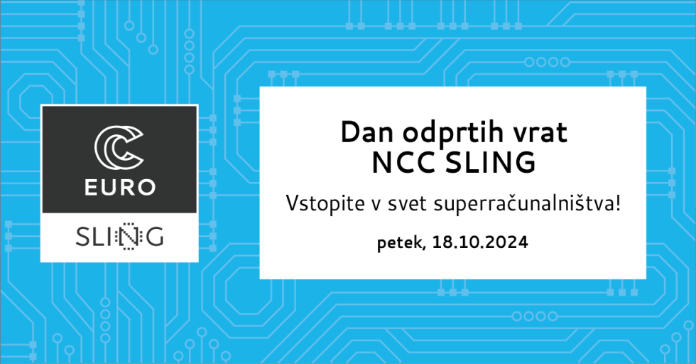 Slika prikazuje promocijski plakat za "Dan odprtih vrat NCC SLING", ki bo potekal v petek, 18. oktobra 2024. Na levi strani je logotip EURO SLING v sivi in beli barvi, na desni strani pa je v belem pravokotniku besedilo z vabilom "Vstopite v svet superrač