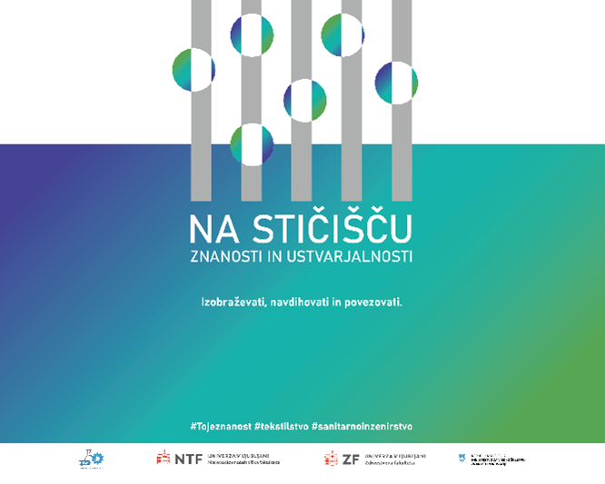 Grafika z naslovom "Na stičišču znanosti in ustvarjalnosti" prikazuje kroge v barvnih prelivih (vijolična, modra, zelena) z besedilom: "Izobraževati, navdihovati in povezovati." Spodaj so ključniki #Tojeznanost, #tekstilistvo, #sanitarnoinzenirstvo ter lo