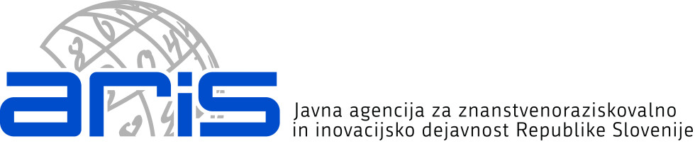 Logotip ARIS, Javne agencije za znanstvenoraziskovalno in inovacijsko dejavnost Republike Slovenije, s stiliziranim sivim globusom, modrim napisom "ARIS" in polnim nazivom v sivi barvi.