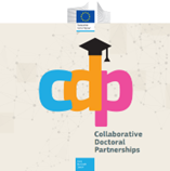 Logo programa Collaborative Doctoral Partnerships (CDP) Skupnega raziskovalnega središča Evropske komisije. Beseda 'CDP' je stilizirana z barvnimi črkami: modra 'C', rumena 'D' in roza 'P', pri čemer črka 'P' vključuje motiv diplomske kape. 