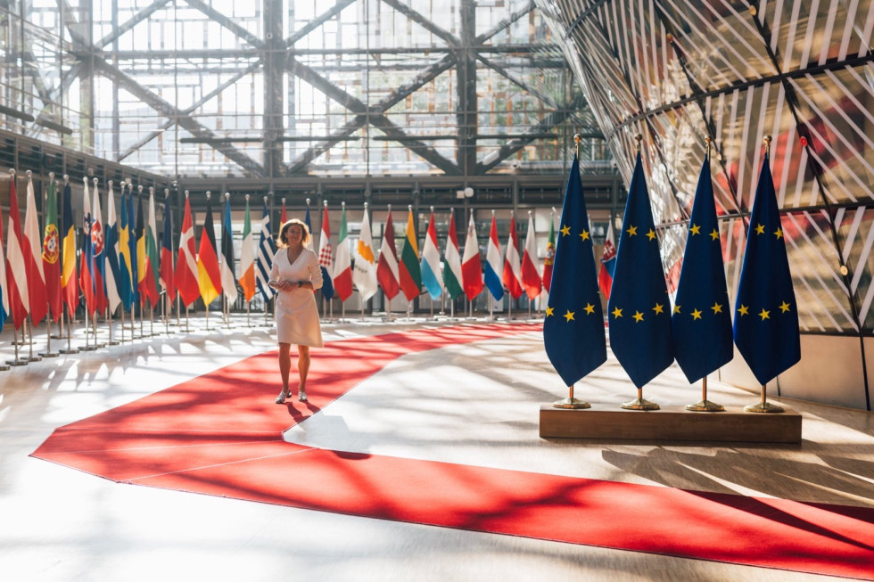 ministrica med prihodom na izjavo za medije hodi po rdeči preprogi, v ozadju zastave EU