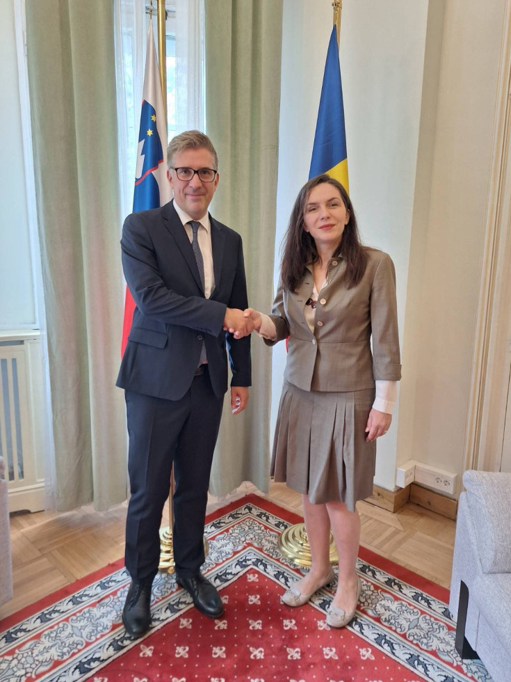 Štucin and Staicu standing infront of slovenia and romania flag and handshakinge