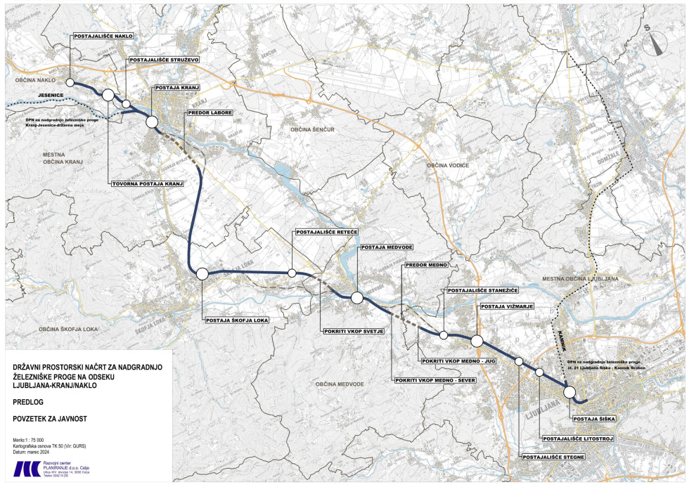 Zemljevid z vrisanimi železniškimi postajališči od Ljubljane do Naklega po predlogu državnega prostorskega načrta