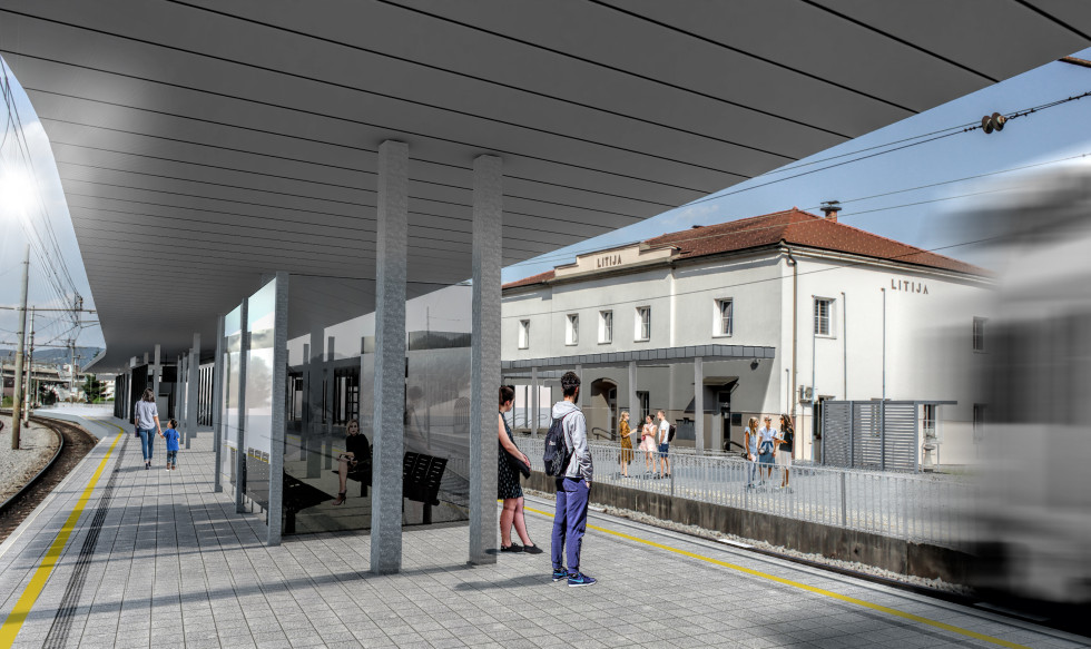 Vizualizacija železniške postaje peron, v ozadju postajno poslopje