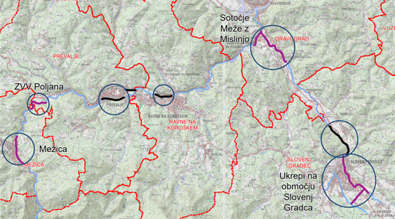 Slika: Pregledna situacija z označenim obravnavanimi odseki Meže, Mislinje in Homšnice (vijolična barva prikazuje lokacije predvidenih ukrepov)