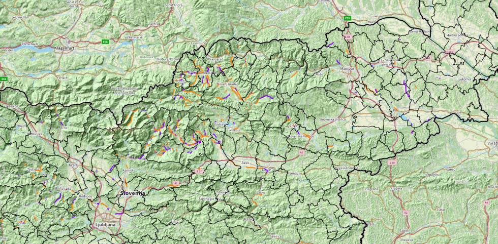 Slika severne in severnovzhodne Slovenije, na sliki so z oranžno in vijolično barvo prikazana delovišča za leto 2024 in 2025