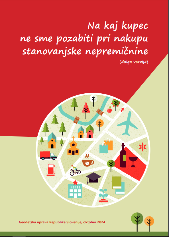 Naslovnica brošure z naslovom Na kaj kupec ne sme pozabiti pri nakupu stanovanjske nepremičnine - na rdeči in bež podlagi je narisan krog, ki prikazuje simbolično risbo zemljevida - ceste, hiše, bloke, gozd, letališče in druge ustanove