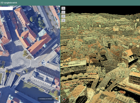 Prikaz okna aplikacije, ki je razdeljeno na levo in desno stran. Na levi je ortofoto trga med stavbami v 2D pogledu, desno pa isto območje v 3D pogledu.