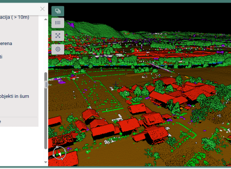 Točke klasificiranega oblaka, ki so različno obarvane, da razločimo  stavbe, vegetacijo, vode in podobno.