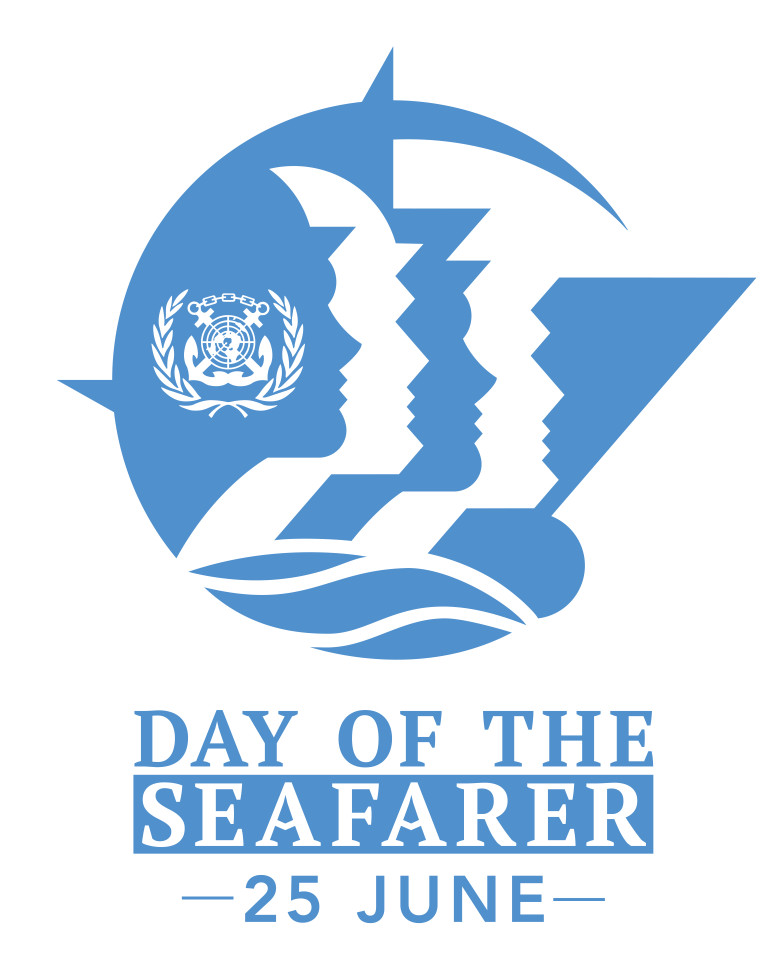 logotip bele in svetno modre barve, napis v angleščini Day of the seafarer -25- june-