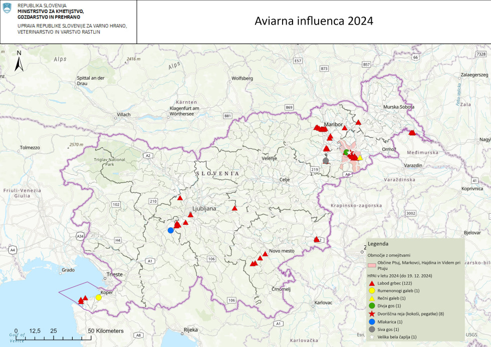 Zemljevid Slovenije z označenimi primeri aviarne infulence