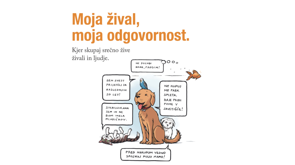 ilustracija psa, mačke in ribe, v oblačkih so napisi, na vrhu slike je slogan Moja žival, moja odgovornost