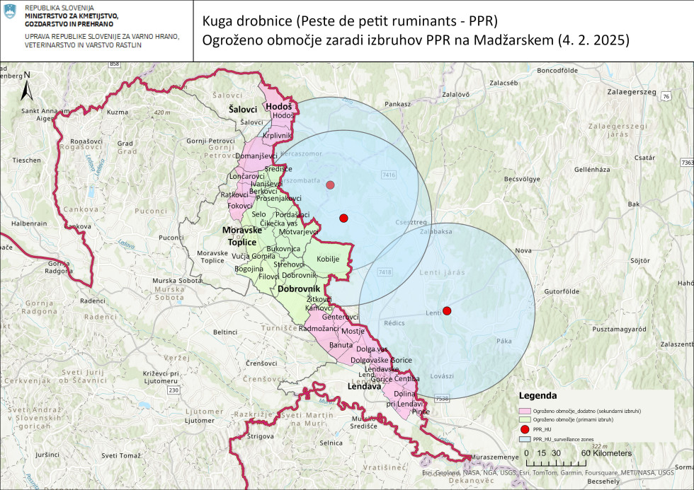 zemljevid, na katerem so označena naselja, ogrožena zaradi kuge drobnice na Madžarskem