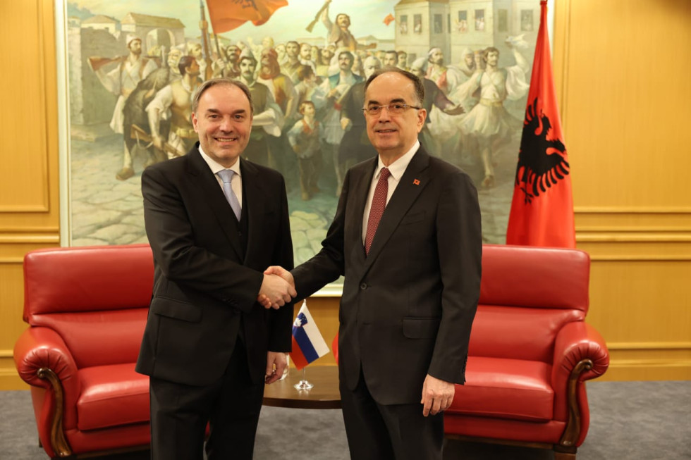 Ambassador Jakob Štunf and President Bajram Begaj looking towards the photographer