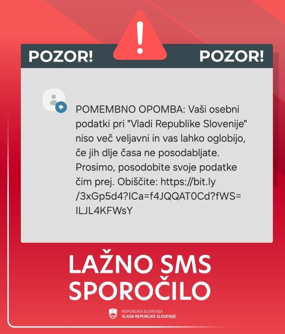 Vsebina lažnega SMS-a, da je potrebno posodobiti osebne podatke