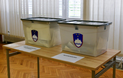 EU volitve (Two ballot boxes with a picture of the Slovenian coat of arms.)