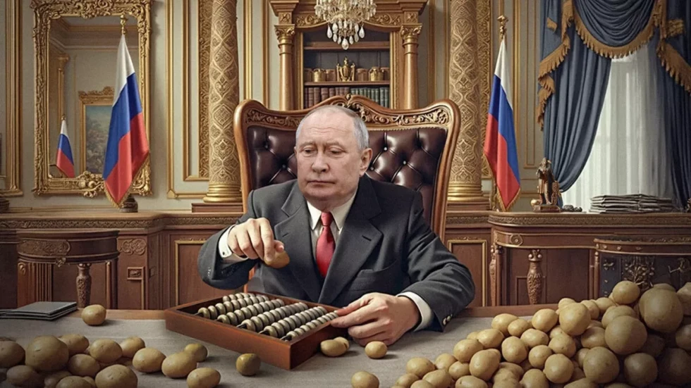 Ilustracija ostarelega Vladimirja Putina, ki sedi za mizo v svoji pisarni in z abakusom prešteva krompir.