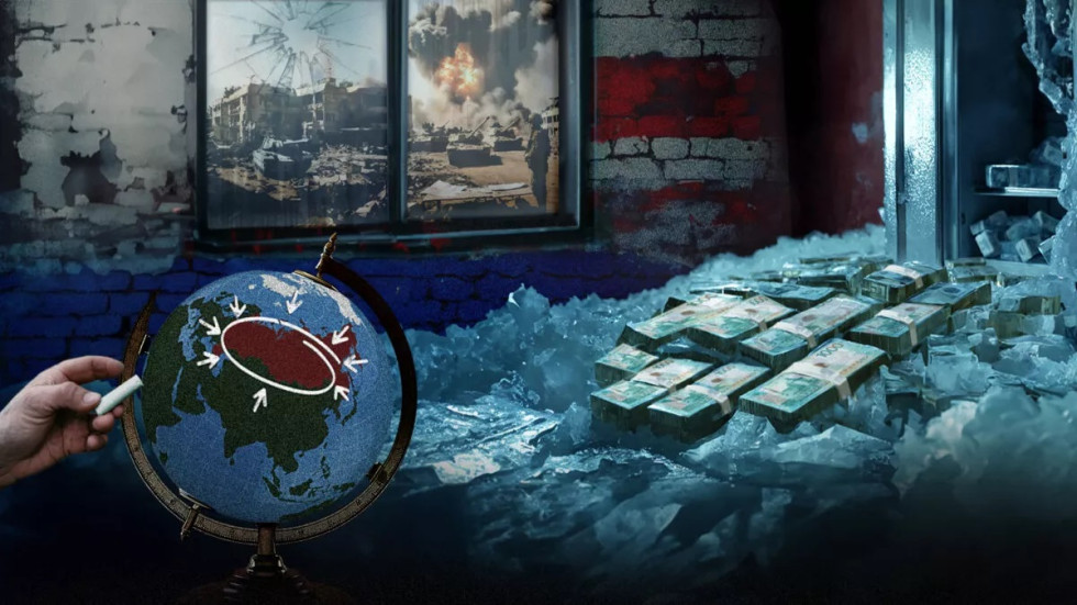 fotomontaža z Rusijo, kupom denarja in vojno