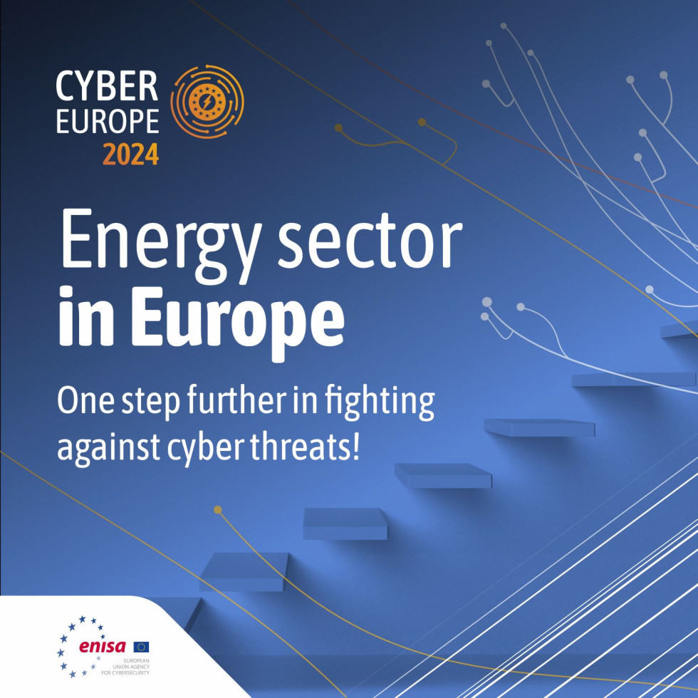 Promocijski plakat vaje v angleščini. Zgoraj levo logotip vaje, na sredini napis Energetski sektor v Evropi korak naprej v borbi proti kibernetskim grožnjam, spodaj  stopnice v obliki nepovezanih poličk na steni.